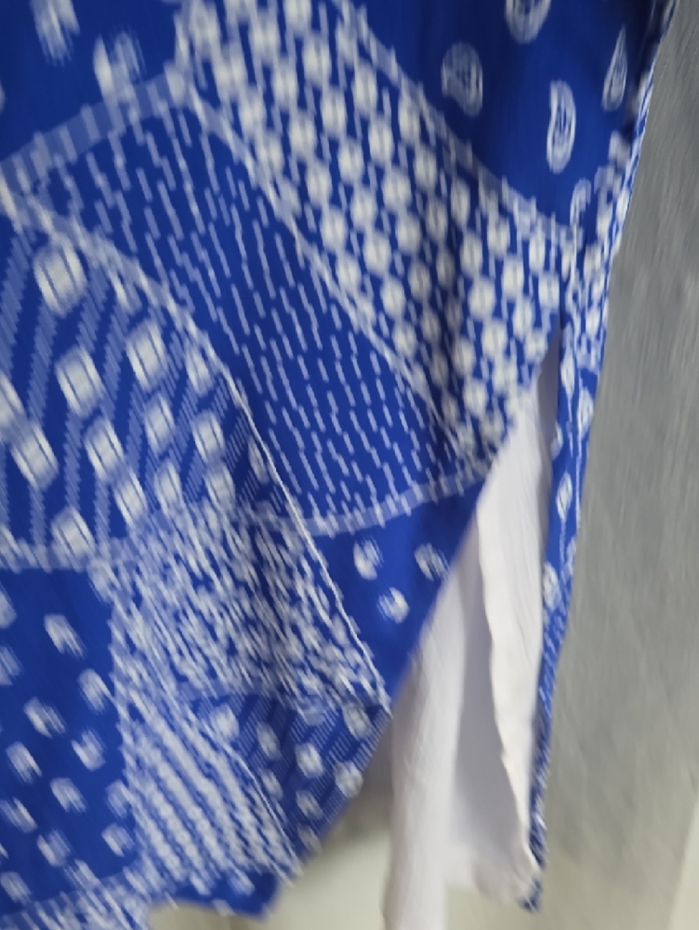 Adolfo Blue Patchwork Print Short Sleeve Button-Down with White Placket - Picture 8 of 13